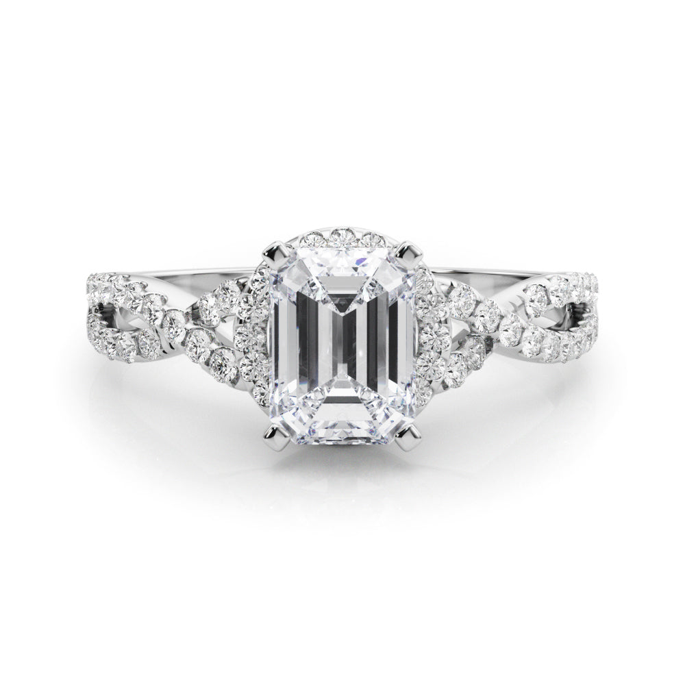 White gold Emerald Halo Twist Band Solitaire Prong Setting Ring