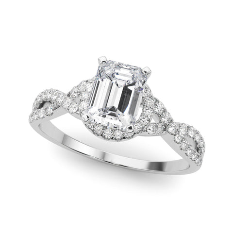 White gold Emerald Halo Twist Band Solitaire Prong Setting Ring