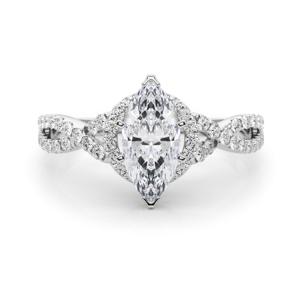 White gold Marquise Halo Twist Band Solitaire Prong Setting Ring