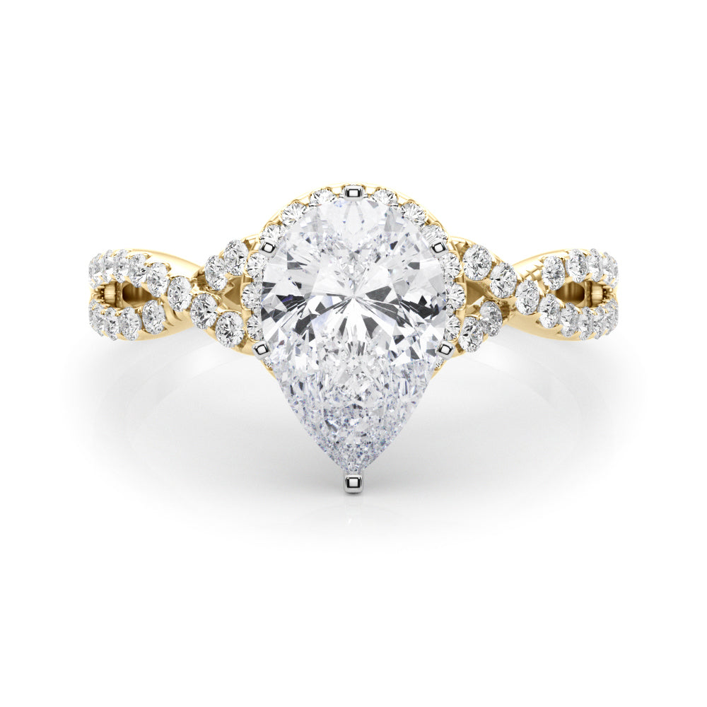 Yellow gold Pear Halo Twist Band Solitaire Prong Setting Ring