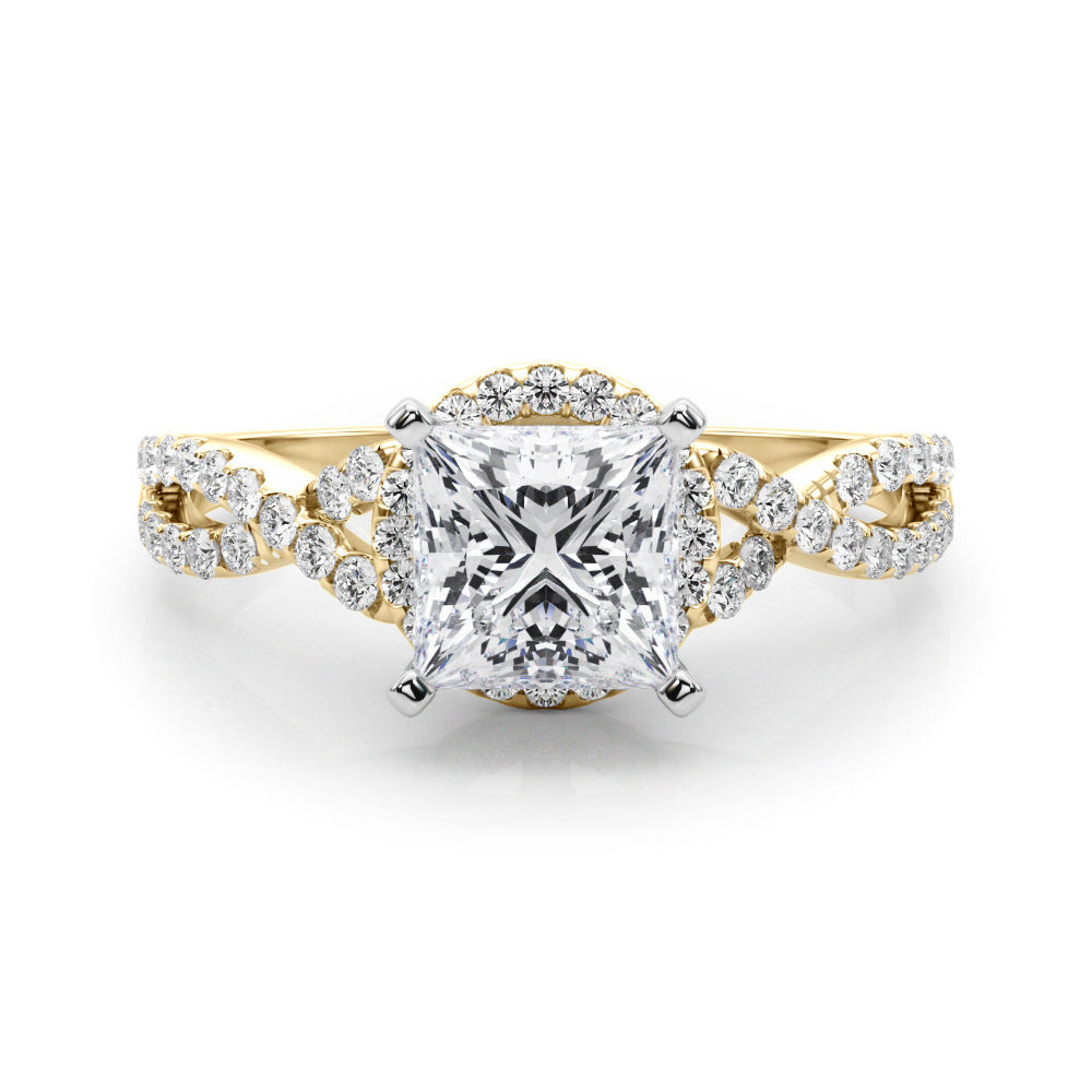 Yellow gold Heart Halo Twist Band Solitaire Prong Setting Ring