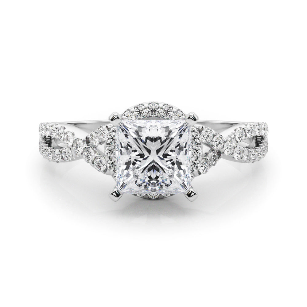White gold Princess Halo Twist Band Solitaire Prong Setting Ring