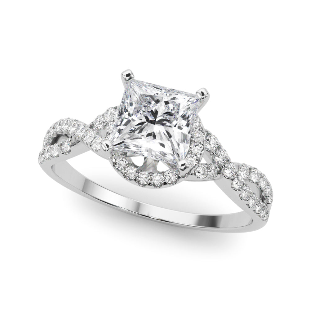 White gold Princess Halo Twist Band Solitaire Prong Setting Ring