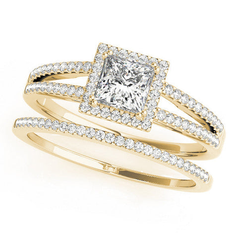 Yellow gold Princess Cut Halo Split Shank Engagement Ring