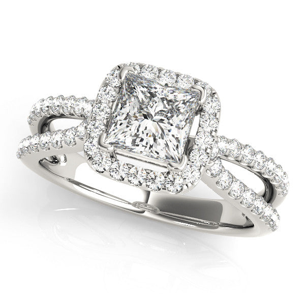 Silver Princess Cut Halo Split Shank Pave Set Ring