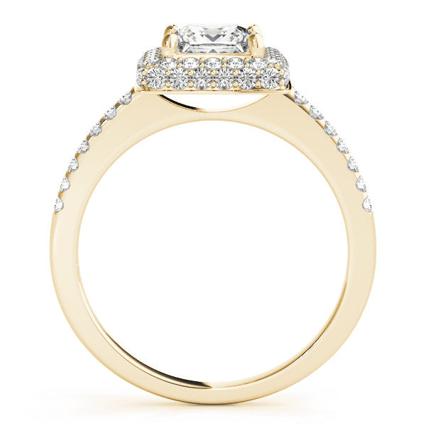 Yellow gold Princess Cut Halo Pavé Solitaire Ring with Four-Prong Setting
