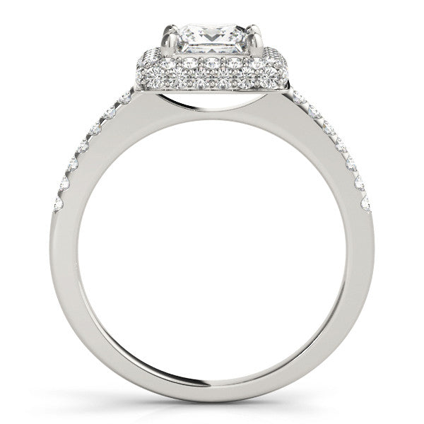 Silver Princess Cut Halo Pavé Solitaire Ring with Four-Prong Setting