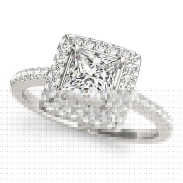 Platinum Princess Cut Halo Pavé Solitaire Ring with Four-Prong Setting