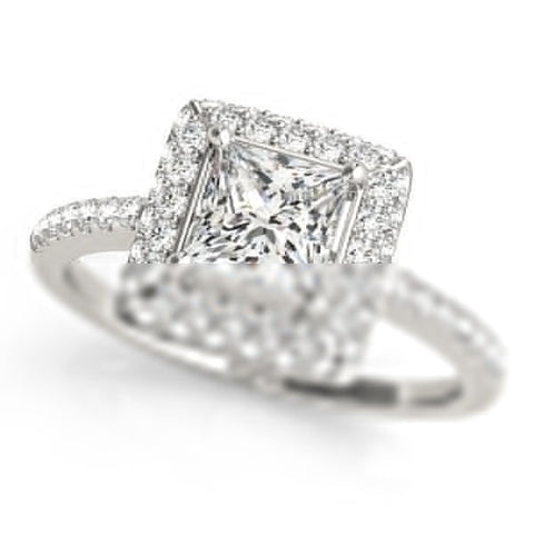 Platinum Princess Cut Halo Pavé Solitaire Ring with Four-Prong Setting