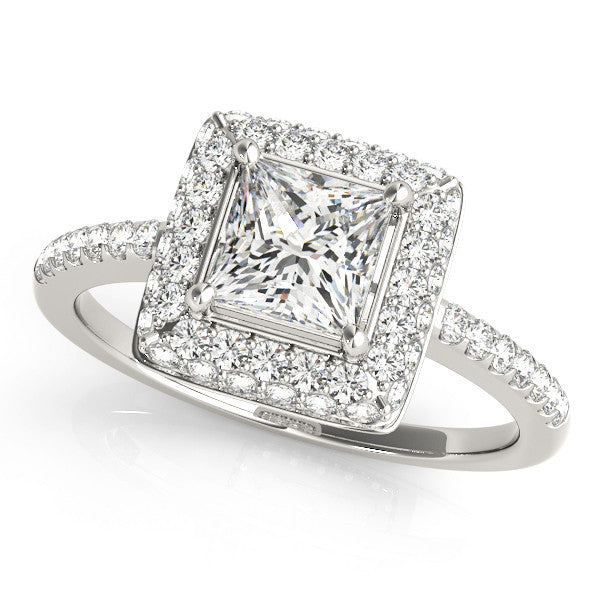Silver Princess Cut Halo Pavé Solitaire Ring with Four-Prong Setting