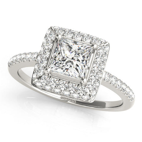 Silver Princess Cut Halo Pavé Solitaire Ring with Four-Prong Setting