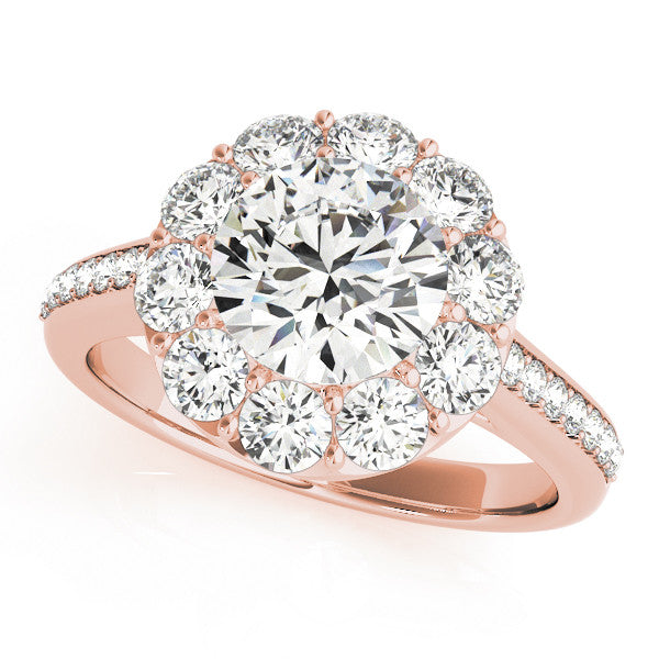 Rose gold Round Halo Diamond Engagement Ring with Pavé Band and Prong Setting