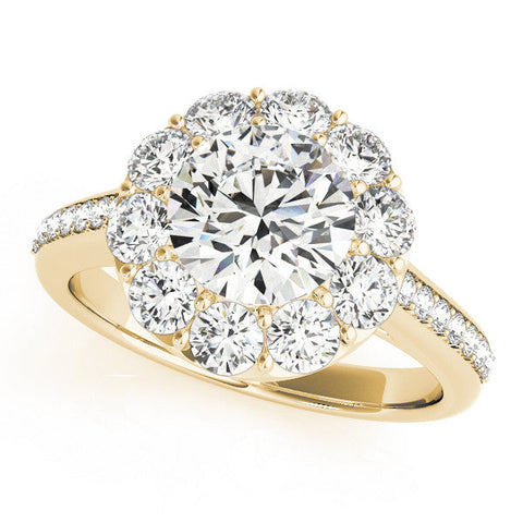 Yellow gold Round Halo Diamond Engagement Ring with Pavé Band and Prong Setting
