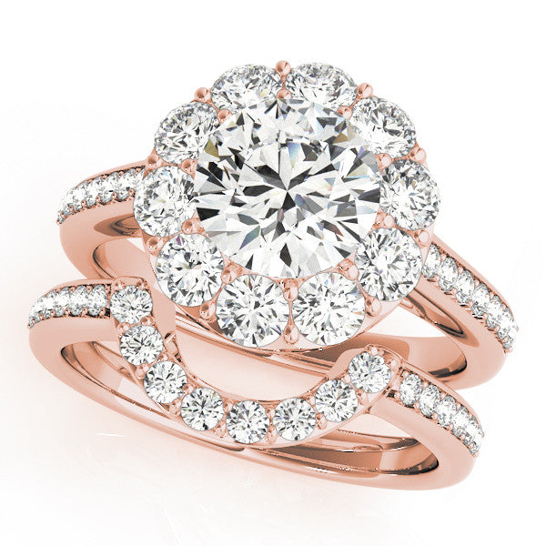 Rose gold Round Halo Diamond Engagement Ring with Pavé Band and Prong Setting