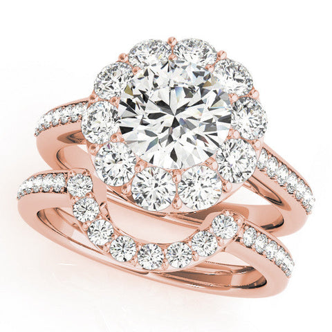 Rose gold Round Halo Diamond Engagement Ring with Pavé Band and Prong Setting