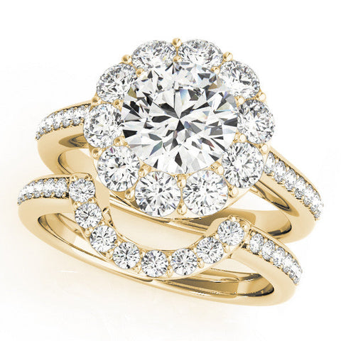 Yellow gold Round Halo Diamond Engagement Ring with Pavé Band and Prong Setting