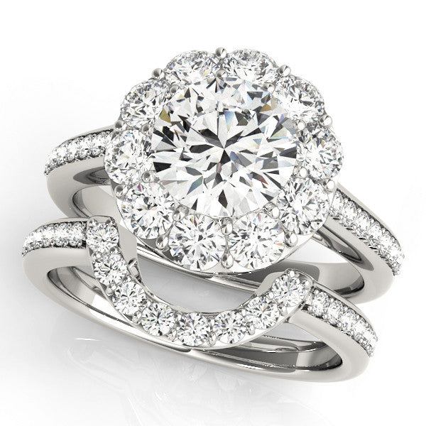 White gold Round Halo Diamond Engagement Ring with Pavé Band and Prong Setting