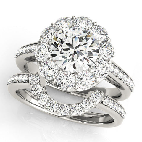 White gold Round Halo Diamond Engagement Ring with Pavé Band and Prong Setting