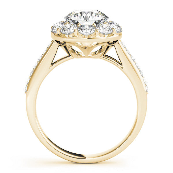 Yellow gold Round Halo Diamond Engagement Ring with Pavé Band and Prong Setting