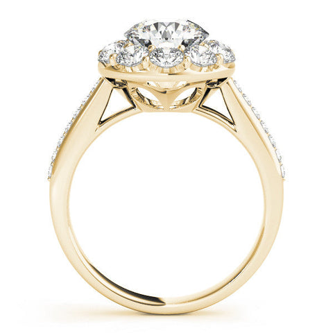 Yellow gold Round Halo Diamond Engagement Ring with Pavé Band and Prong Setting
