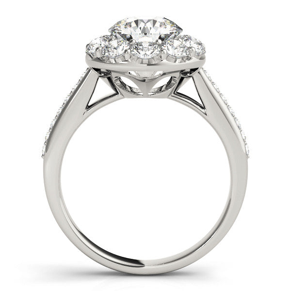 White gold Round Halo Diamond Engagement Ring with Pavé Band and Prong Setting