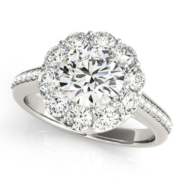 White gold Round Halo Diamond Engagement Ring with Pavé Band and Prong Setting