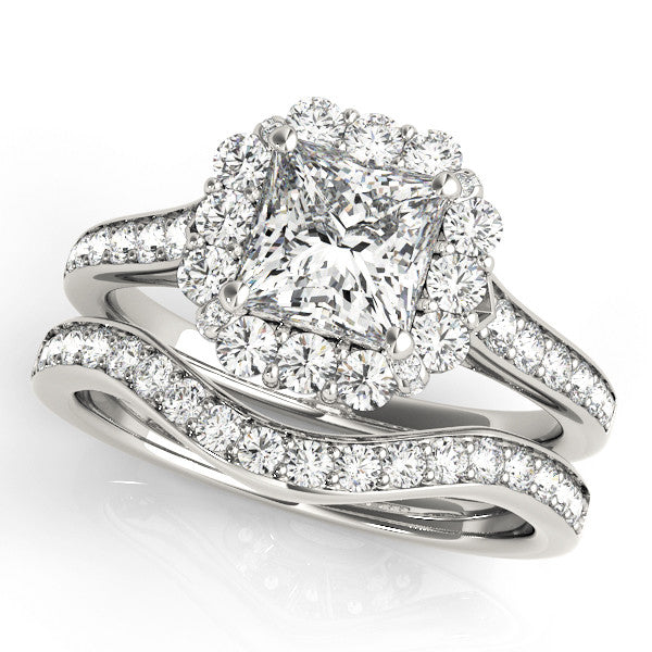 Platinum Princess Cut Halo Diamond Engagement Ring with Pave Band and Four-Prong Setting