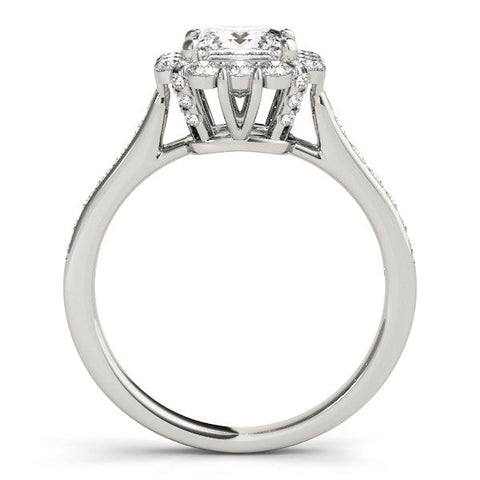 Platinum Princess Cut Halo Diamond Engagement Ring with Pave Band and Four-Prong Setting