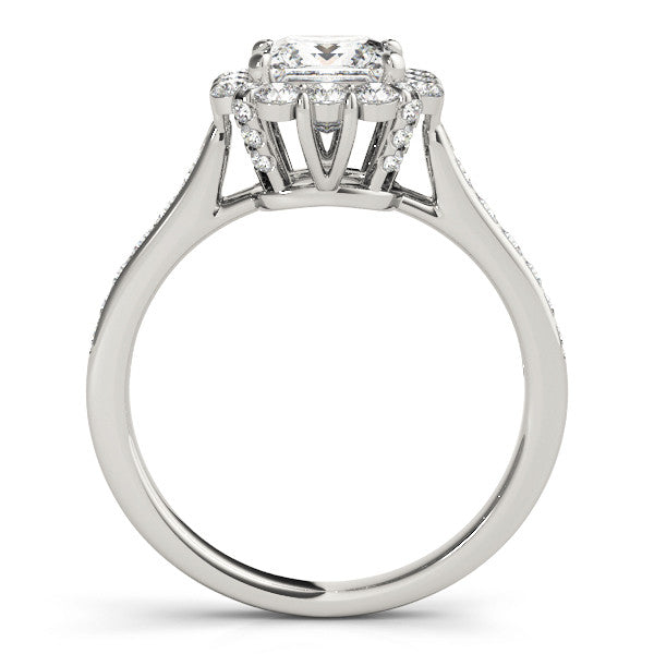 White gold Princess Cut Halo Diamond Engagement Ring with Pave Band and Four-Prong Setting