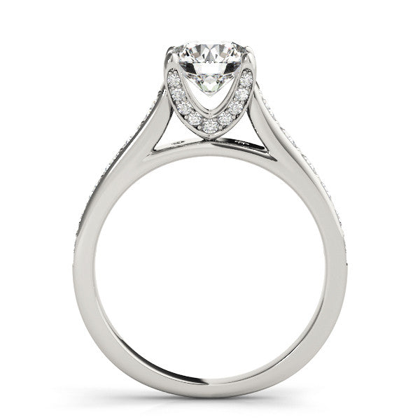 Silver Pear Brilliant Cut Diamond Engagement Ring with Pavé Band and Four-Prong Setting