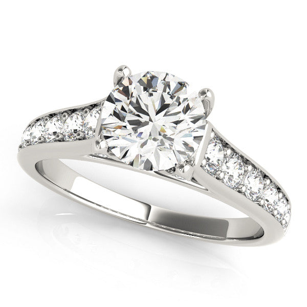 Platinum Pear Brilliant Cut Diamond Engagement Ring with Pavé Band and Four-Prong Setting