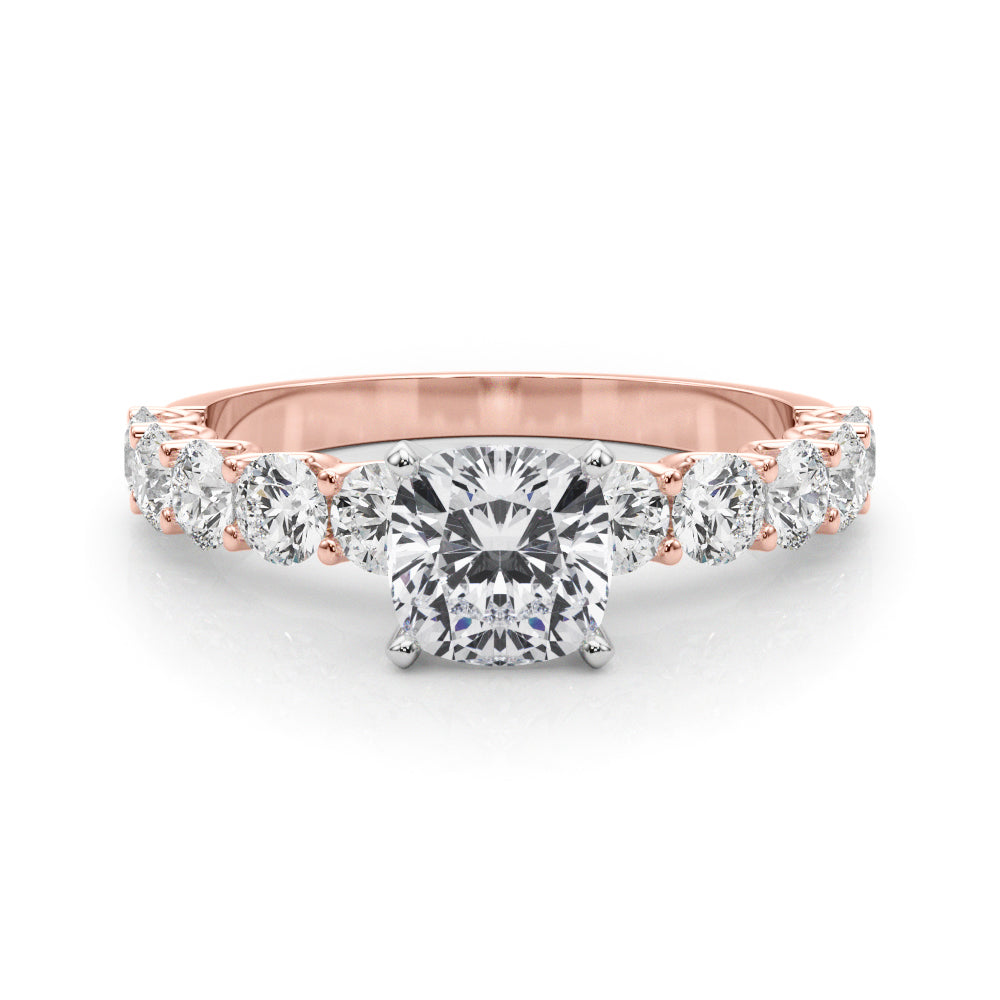 Rose gold Cushion Diamond Prong Setting with Side Stones on a Pave Band