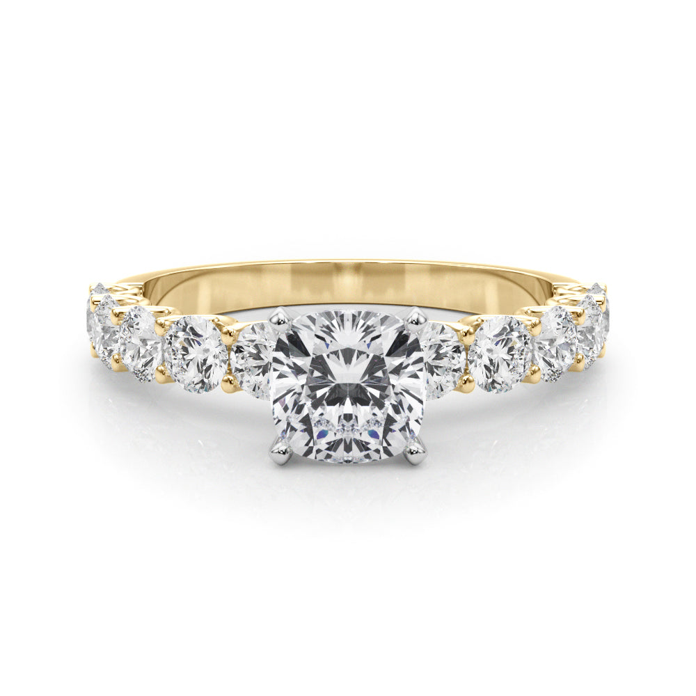 Yellow gold Cushion Diamond Prong Setting with Side Stones on a Pave Band