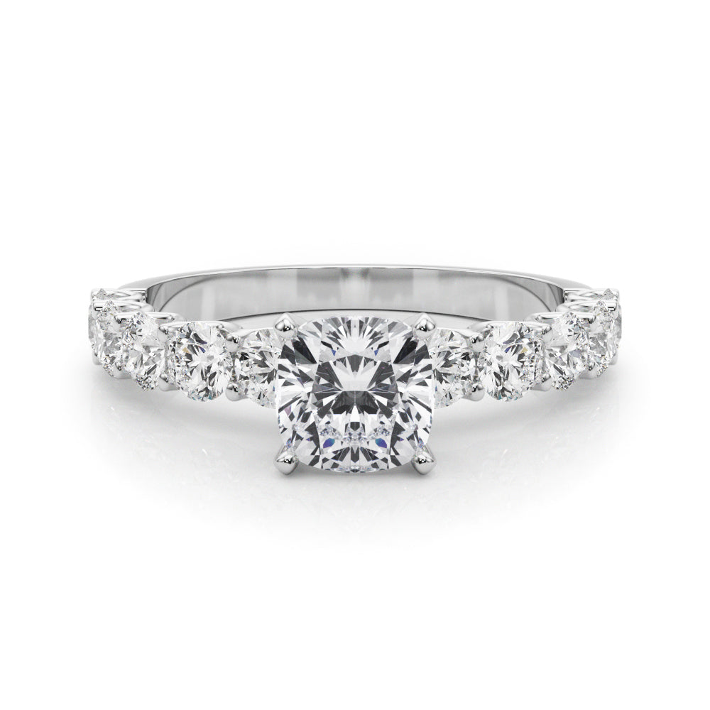 Platinum Cushion Diamond Prong Setting with Side Stones on a Pave Band