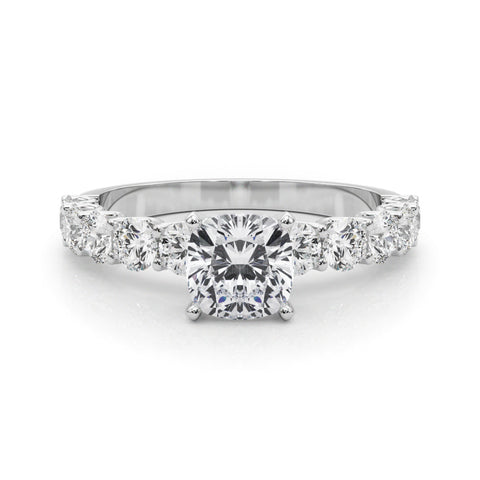 Platinum Cushion Diamond Prong Setting with Side Stones on a Pave Band