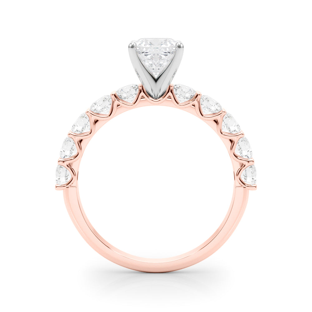 Rose gold Cushion Diamond Prong Setting with Side Stones on a Pave Band