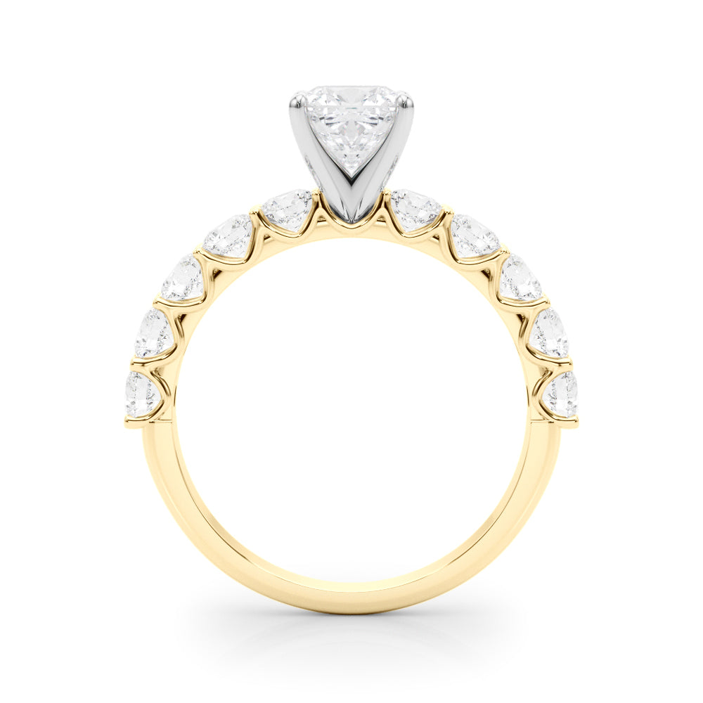 Yellow gold Cushion Diamond Prong Setting with Side Stones on a Pave Band