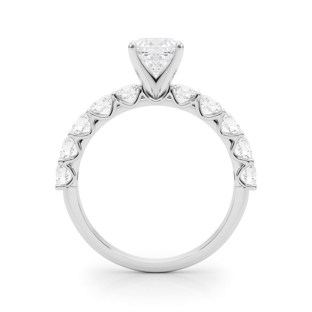 Silver Cushion Diamond Prong Setting with Side Stones on a Pave Band