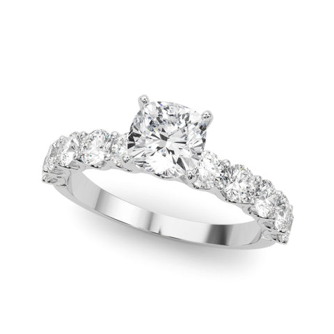 Platinum Cushion Diamond Prong Setting with Side Stones on a Pave Band