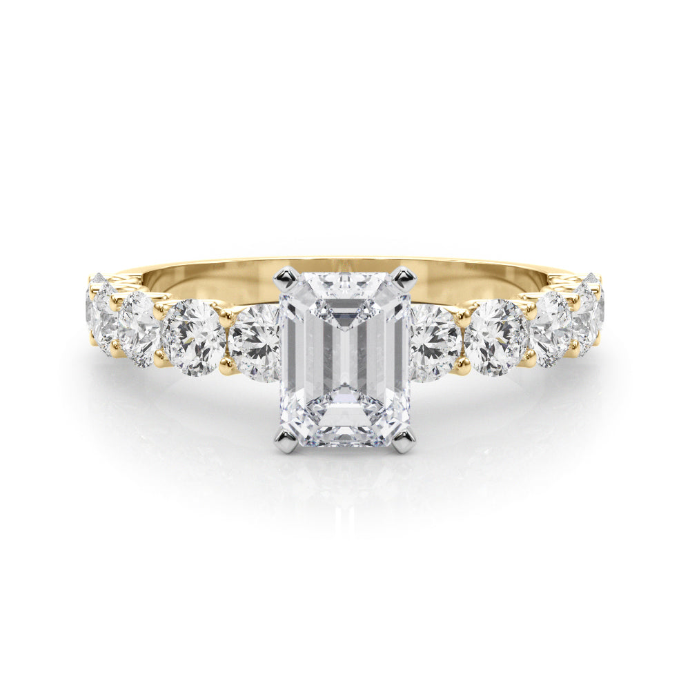 Yellow gold Radiant Diamond Prong Setting with Side Stones on a Pave Band