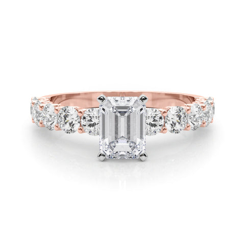 Rose gold Emerald Diamond Prong Setting with Side Stones on a Pave Band