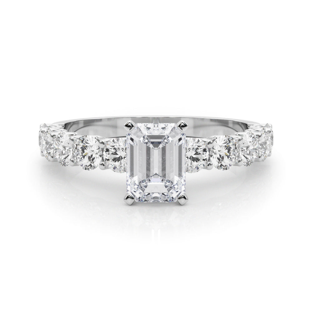Platinum Radiant Diamond Prong Setting with Side Stones on a Pave Band
