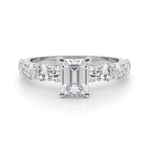 Platinum Radiant Diamond Prong Setting with Side Stones on a Pave Band