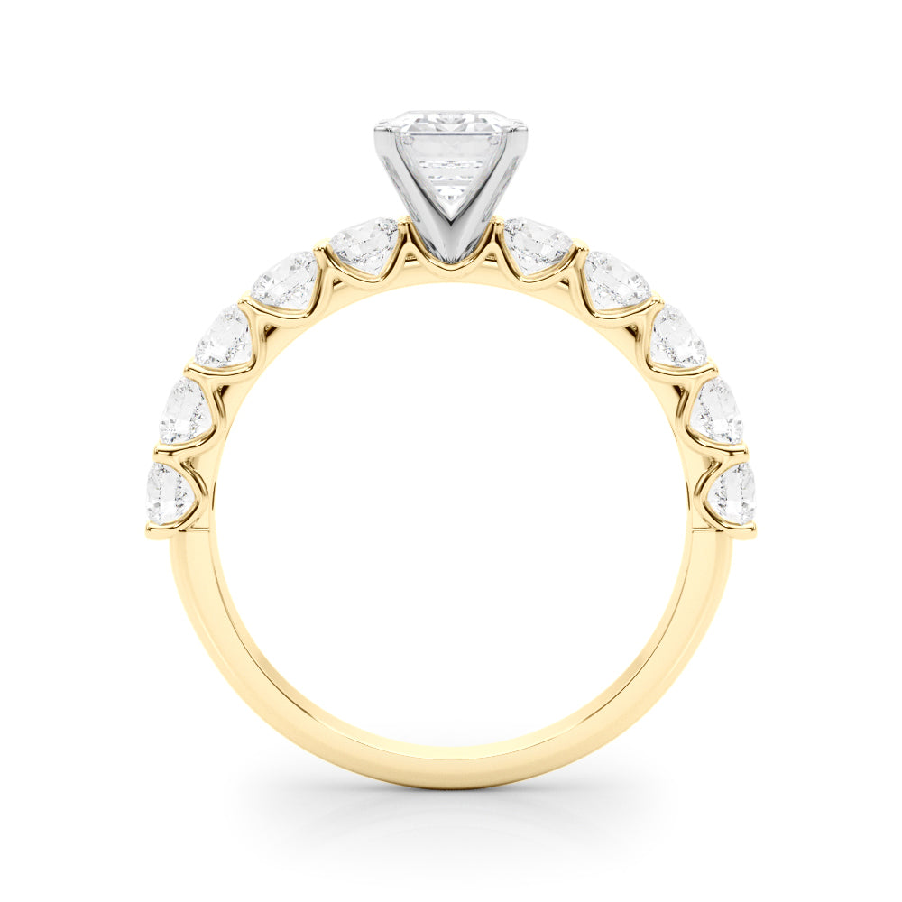 Yellow gold Radiant Diamond Prong Setting with Side Stones on a Pave Band