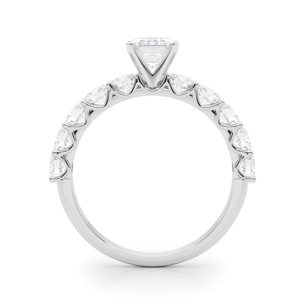 Silver Radiant Diamond Prong Setting with Side Stones on a Pave Band