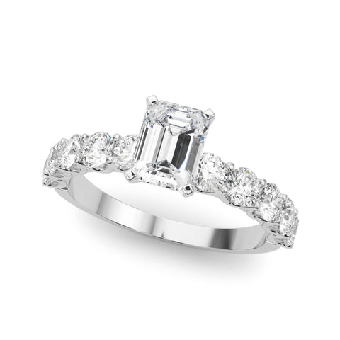 Platinum Radiant Diamond Prong Setting with Side Stones on a Pave Band