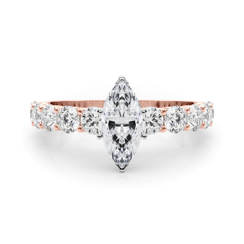Rose gold Marquise Diamond Prong Setting with Side Stones on a Pave Band