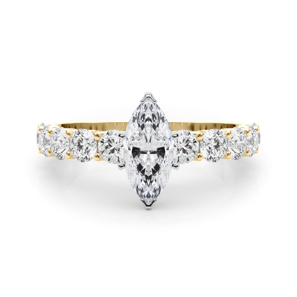 Yellow gold Marquise Diamond Prong Setting with Side Stones on a Pave Band
