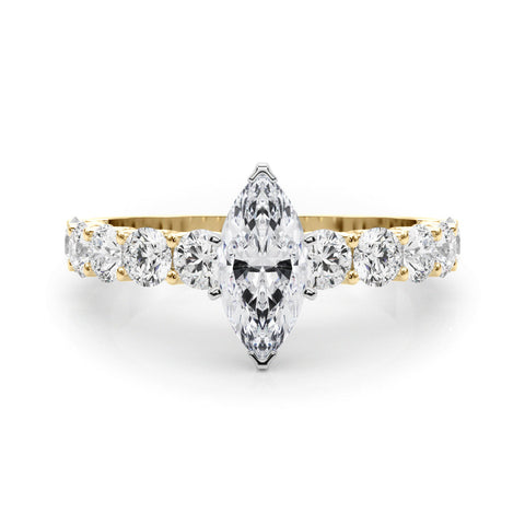 Yellow gold Marquise Diamond Prong Setting with Side Stones on a Pave Band