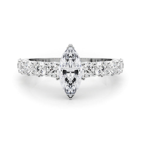 White gold Marquise Diamond Prong Setting with Side Stones on a Pave Band